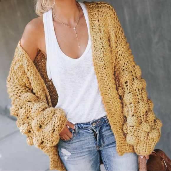 NEW! Mustard Pom Sleeve Loose Knit Fuzzy Cardigan - Picture 4 of 7